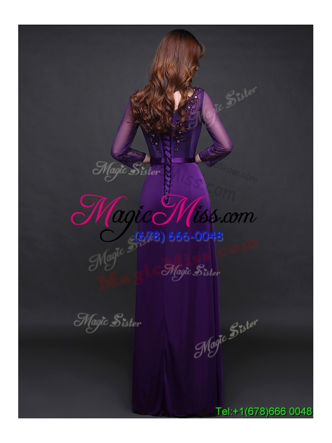 wholesale pretty purple v neck long sleeves prom dress in elastic woven satin