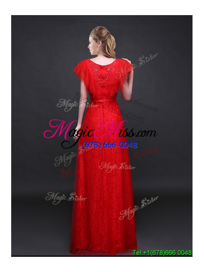 wholesale short sleeves tulle and lace long prom dress with appliques and belt
