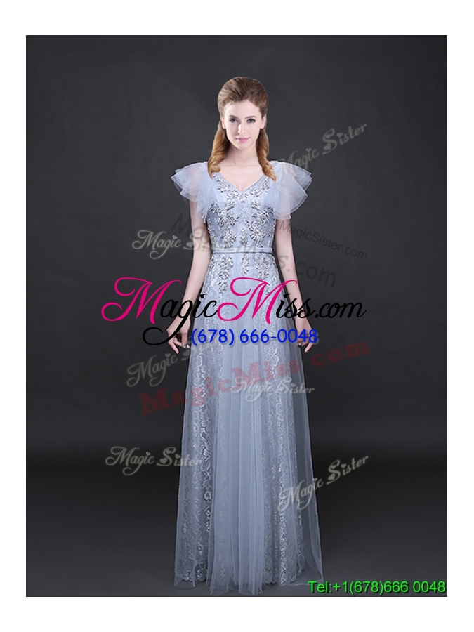 wholesale classical zipper up short sleeves tulle and lace prom dress in grey