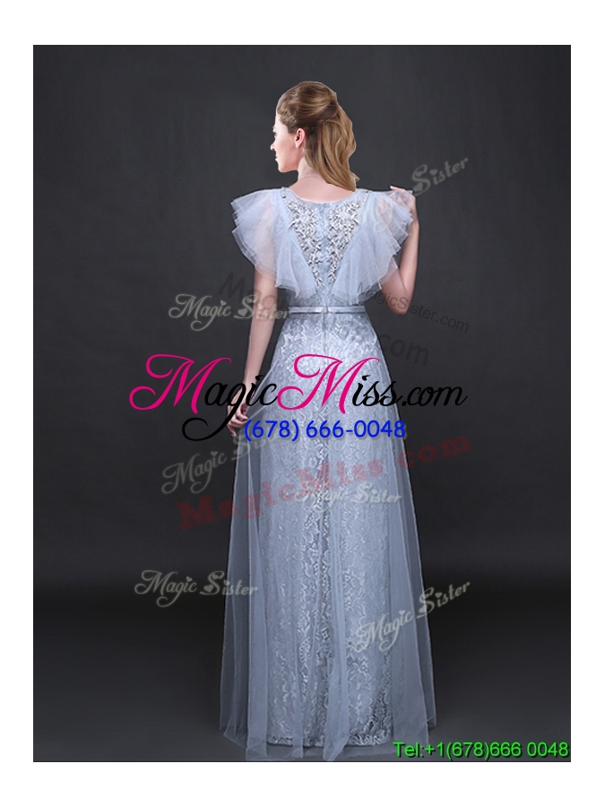 wholesale classical zipper up short sleeves tulle and lace prom dress in grey