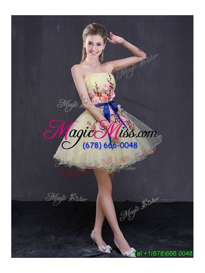 wholesale simple princess strapless applique and belted prom dress in light yellow