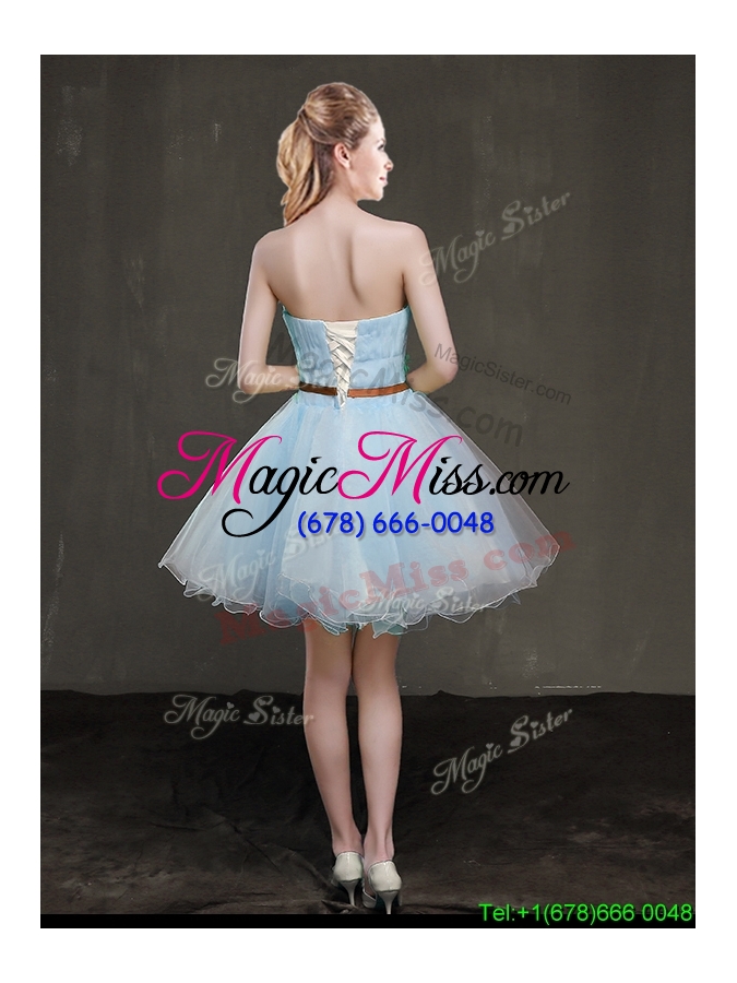 wholesale beautiful princess strapless applique and belted prom dress in light blue