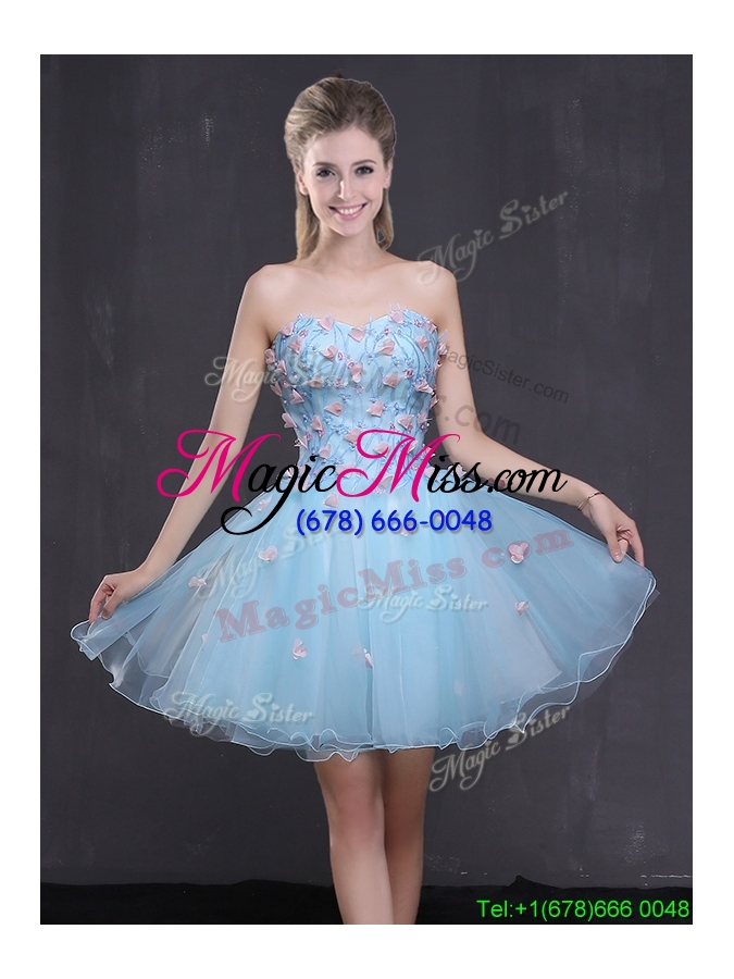 wholesale fashionable organza sweetheart light blue short prom dress with appliques