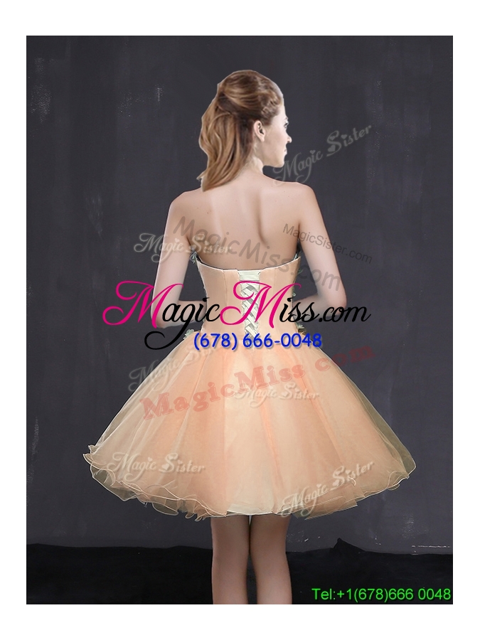 wholesale unique organza sweetheart peach short prom dress with appliques