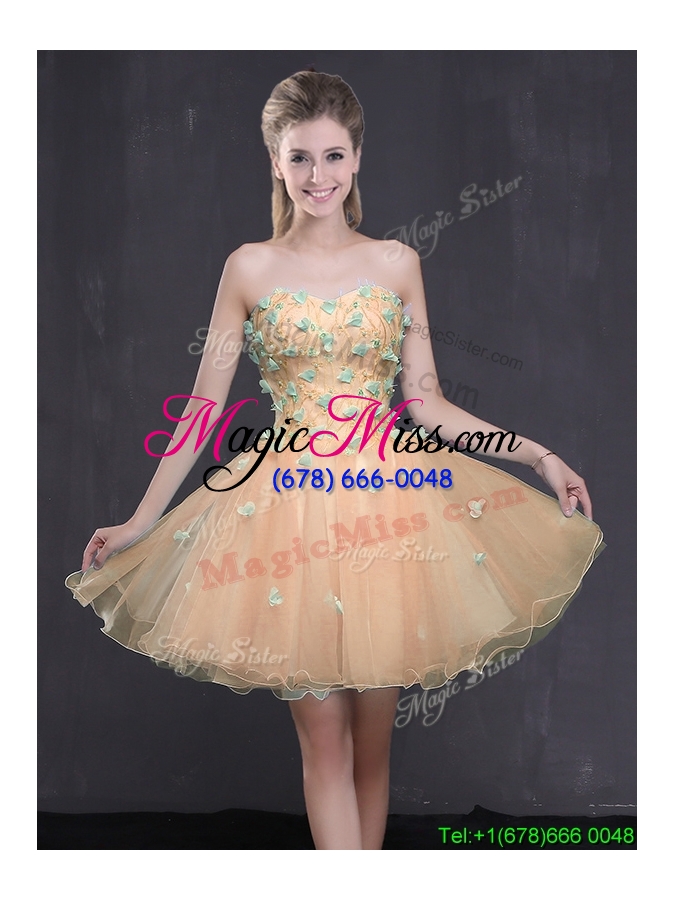 wholesale unique organza sweetheart peach short prom dress with appliques