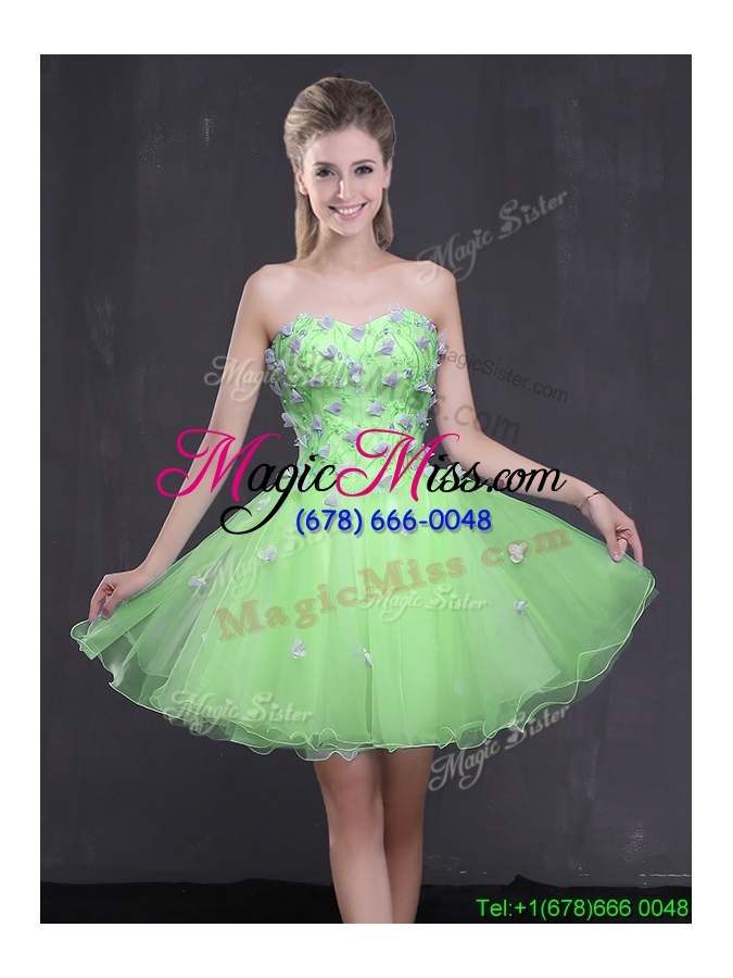 wholesale low price organza sweetheart yellow green short prom dress with appliques