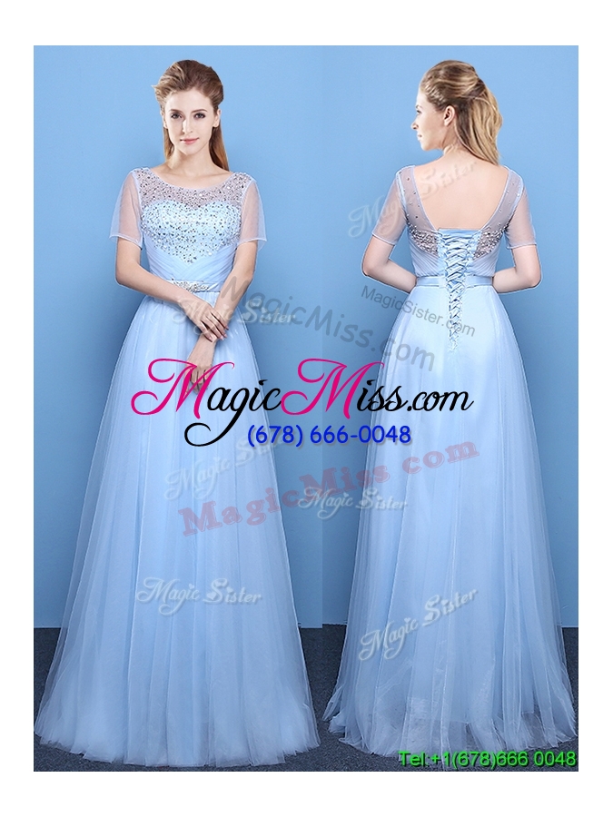 wholesale empire scoop tulle beaded long prom dress with short sleeves