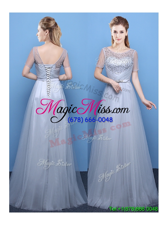 wholesale empire scoop tulle beaded long prom dress with short sleeves