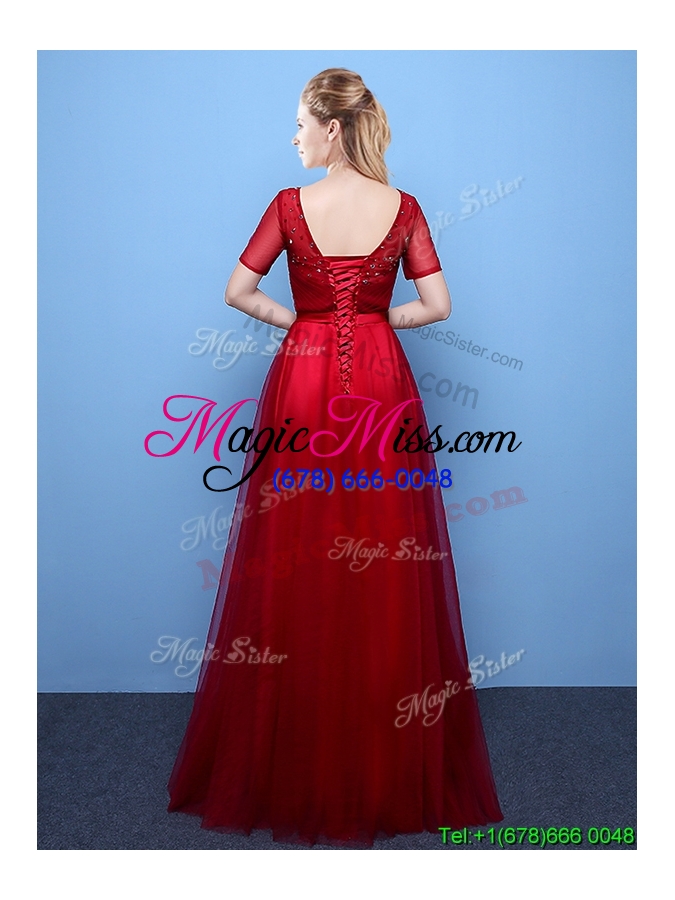 wholesale cheap scoop tulle beaded wine red prom dress with short sleeves