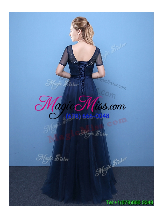 wholesale pretty scoop tulle beaded navy blue prom dress with short sleeves