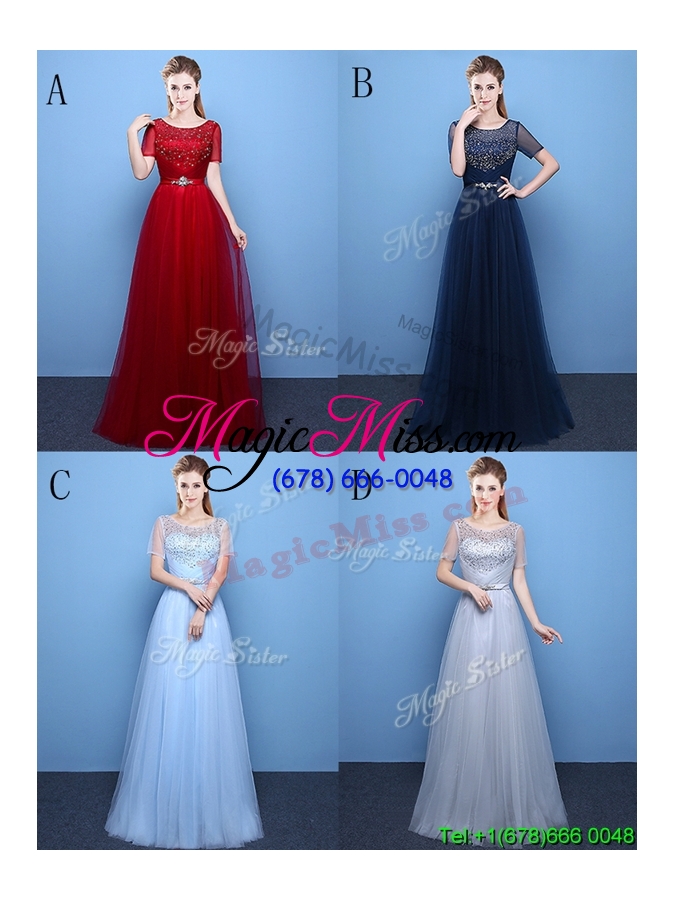wholesale pretty scoop tulle beaded navy blue prom dress with short sleeves