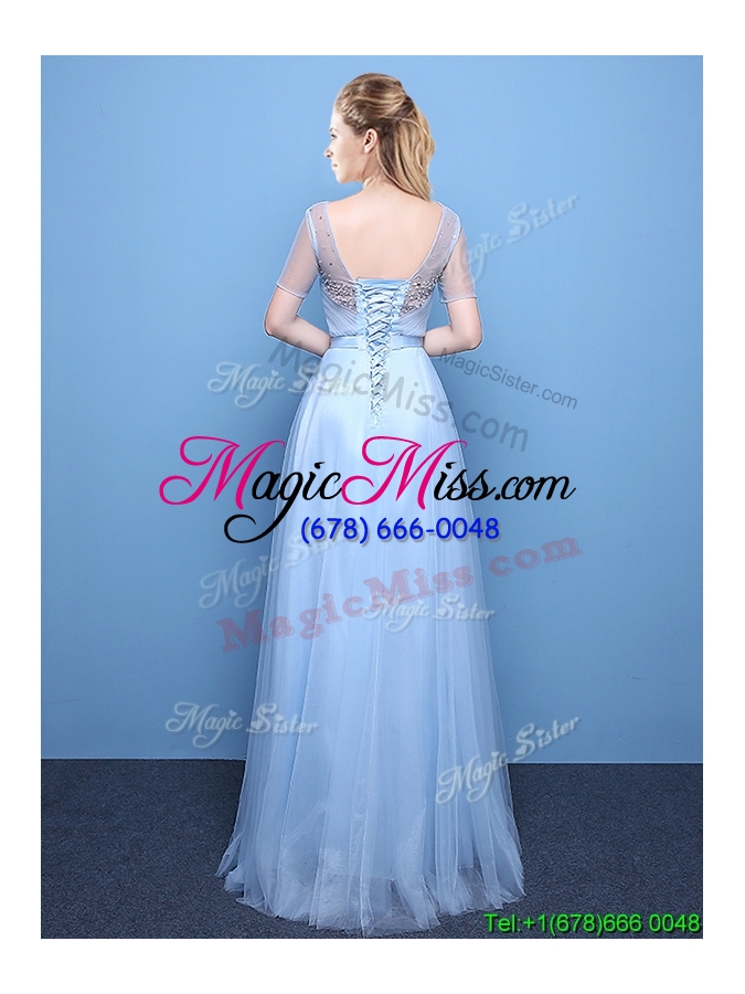 wholesale lovely scoop tulle beaded light blue prom dress with short sleeves