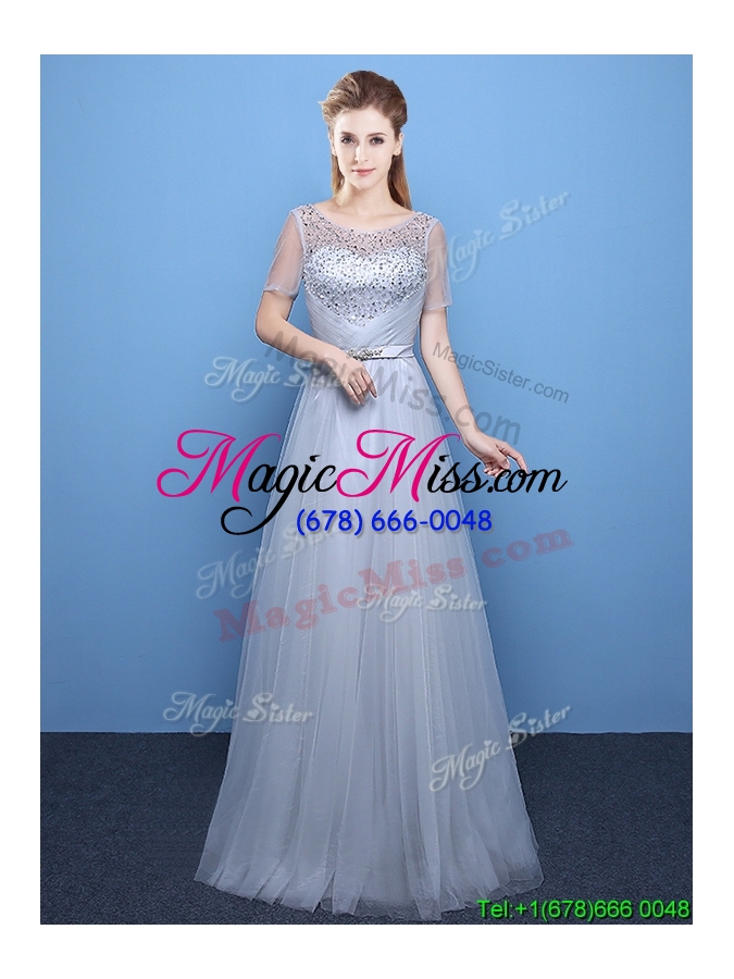 wholesale affordable scoop tulle beaded grey prom dress with short sleeves