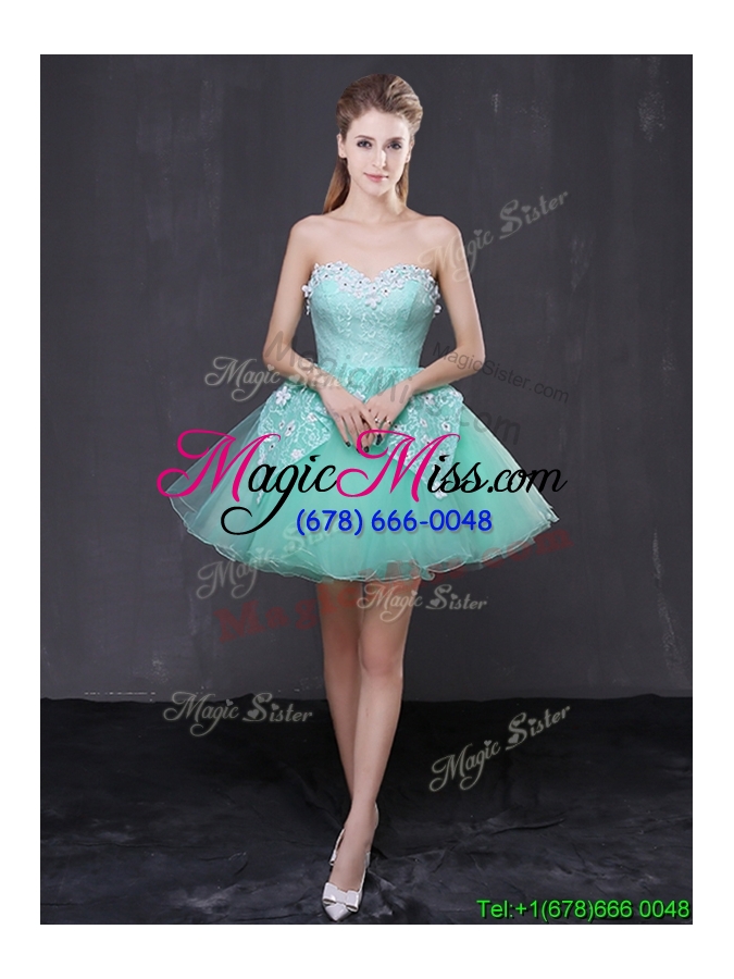 wholesale most popular organza applique and laced short prom dress in apple green