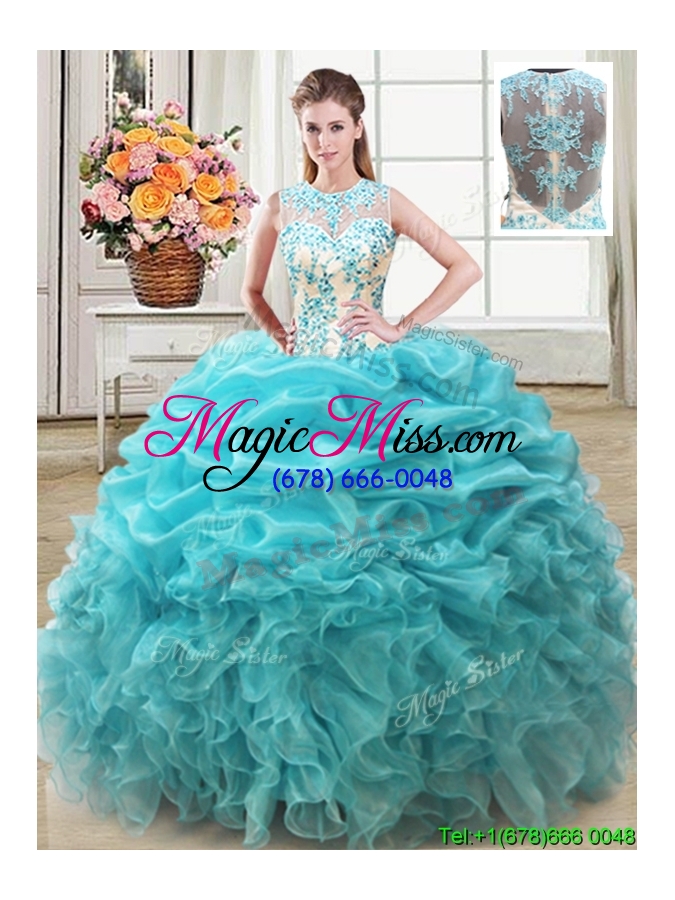 wholesale two piece ruffled and beaded bodice organza detachable quinceanera dress in aqua blue