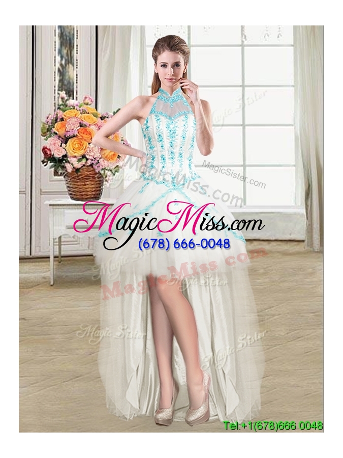 wholesale see through puffy halter top tulle detachable white quinceanera dress with appliques and beading