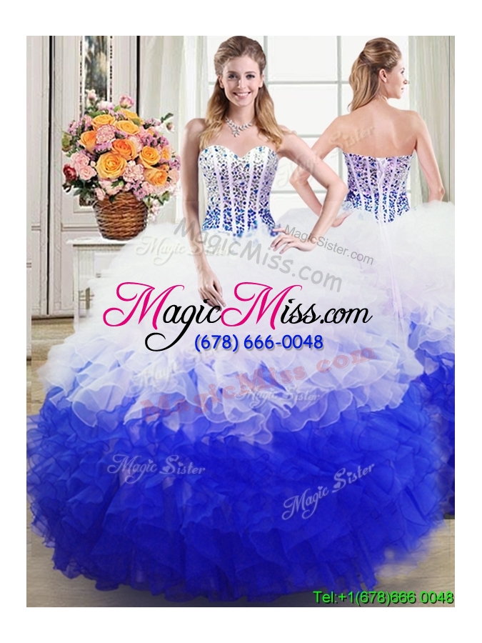 wholesale luxurious puffy sweetheart organza beaded and ruffled quinceanera dress in white and blue