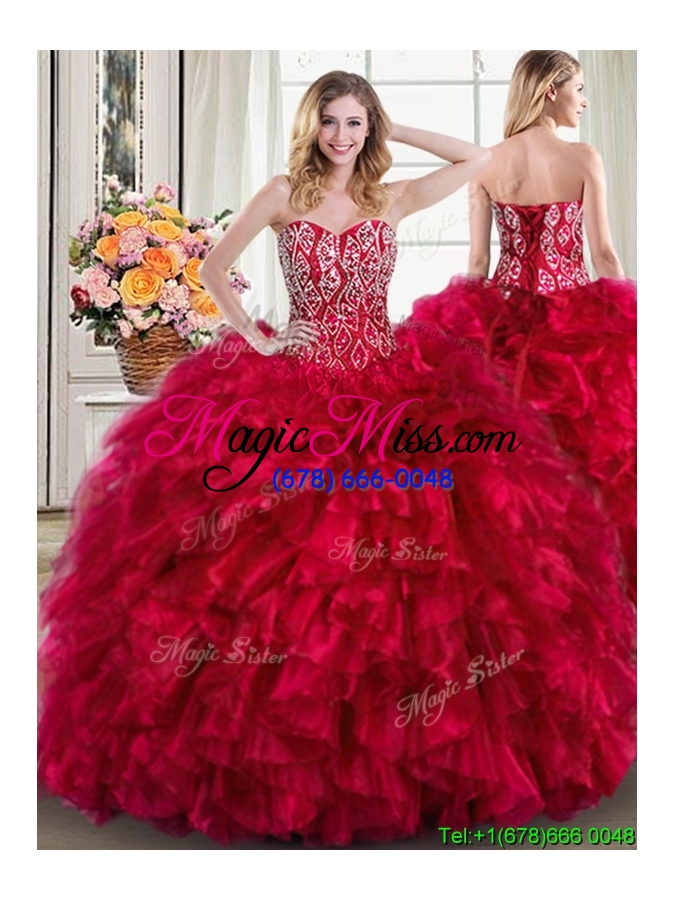 wholesale gorgeous puffy sweetheart beaded and ruffled red detachable quinceanera dress with brush train