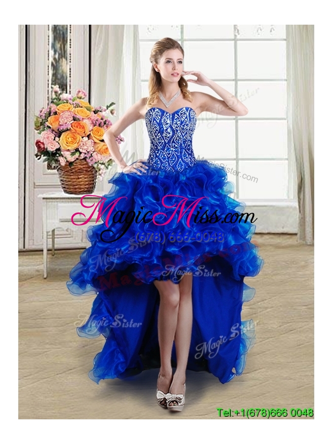 wholesale modest three for one puffy beaded and ruffled royal blue detachable quinceanera dress with brush train