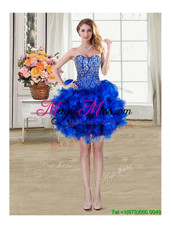 wholesale modest three for one puffy beaded and ruffled royal blue detachable quinceanera dress with brush train