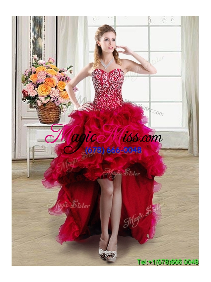 wholesale three for one puffy brush train beaded and ruffled detachable quinceanera dress in red