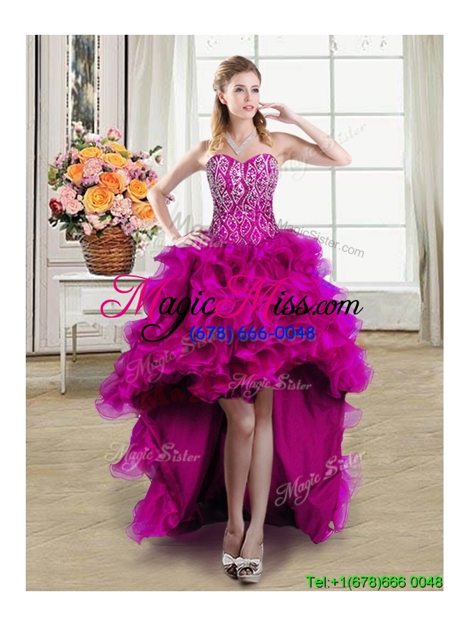 wholesale inexpensive three for one sweetheart brush train beaded and ruffled detachable quinceanera dress in fuchsia