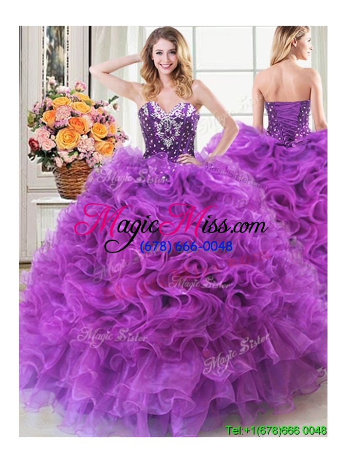 wholesale classical two for one puffy ruffled and beaded detachable quinceanera dress in eggplant purple