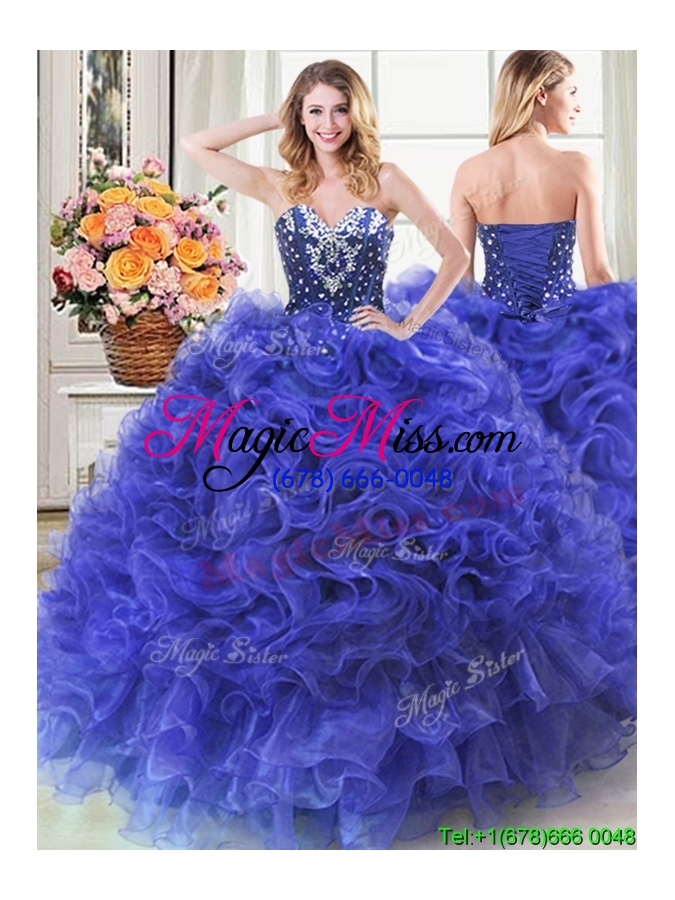 wholesale sweet puffy sweetheart ruffled and beaded detachable quinceanera dress in royal blue