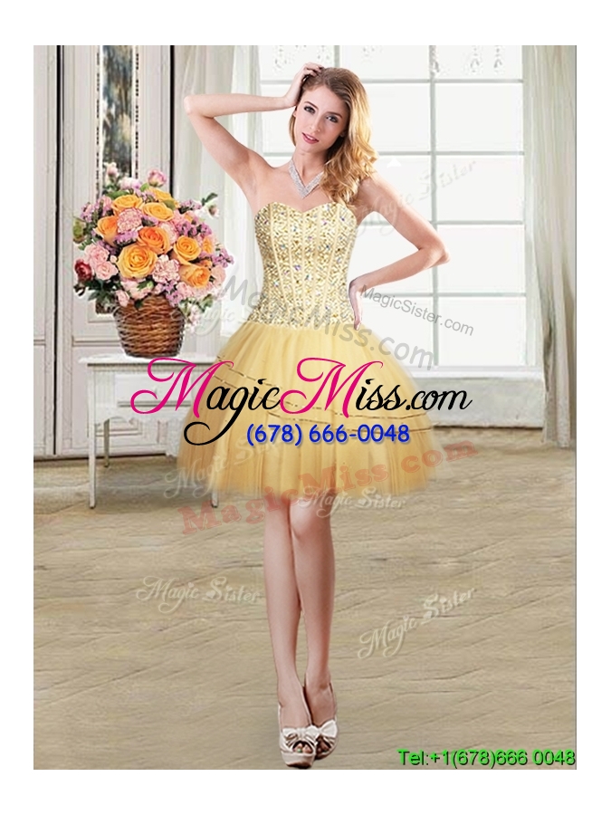 wholesale low price sequined and beaded bodice gold detachable quinceanera dress in tulle