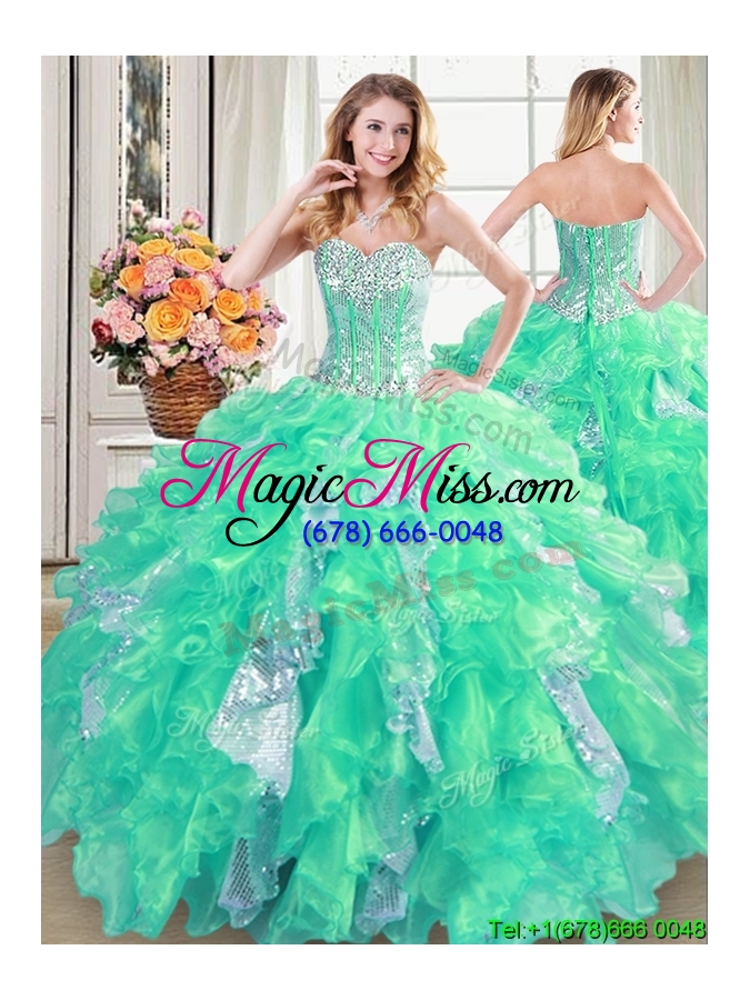 wholesale two for one visible boning organza and sequins ruffled detachable quinceanera dress in hot pink