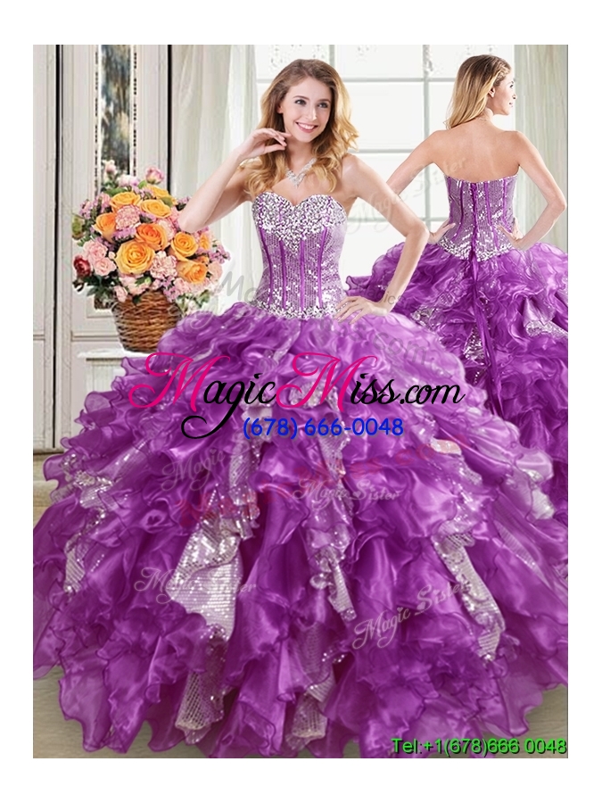 wholesale cute visible boning organza and sequins ruffled detachable quinceanera dress in purple