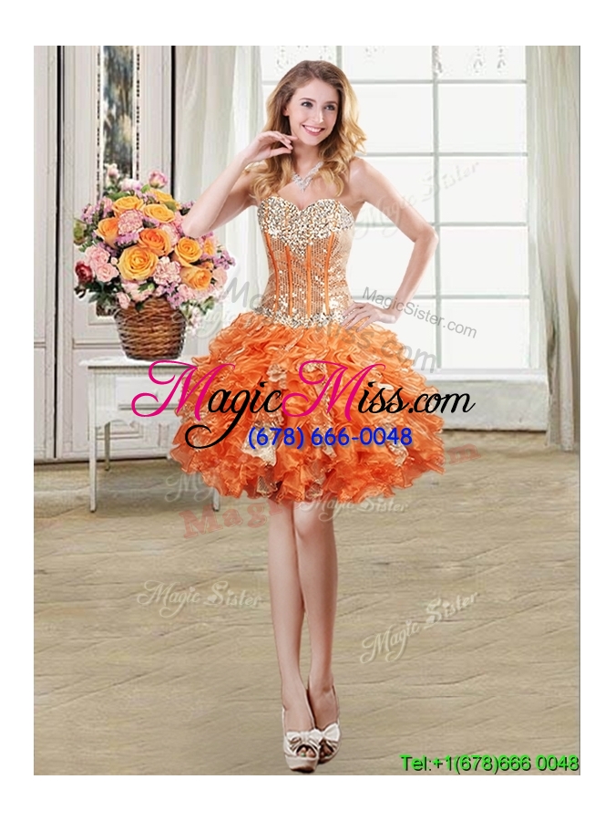 wholesale discount sweetheart organza and sequins ruffled detachable quinceanera dress in orange