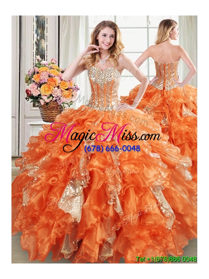 wholesale discount sweetheart organza and sequins ruffled detachable quinceanera dress in orange