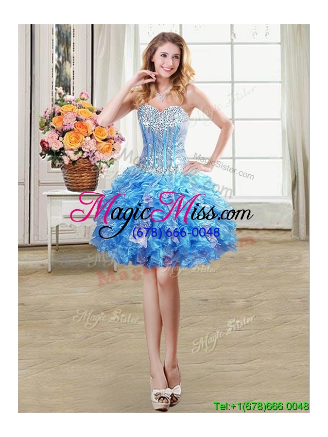wholesale discount three for one visible boning organza and sequins baby blue detachable quinceanera dress