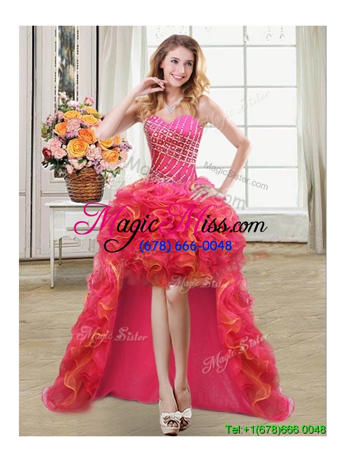 wholesale inexpensive sweetheart beaded and ruffled two tone detachable quinceanera dress in organza