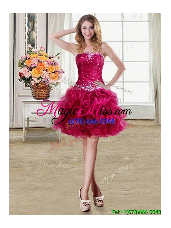 wholesale romantic ruffled and beaded strapless fuchsia detachable quinceanera gowns in organza