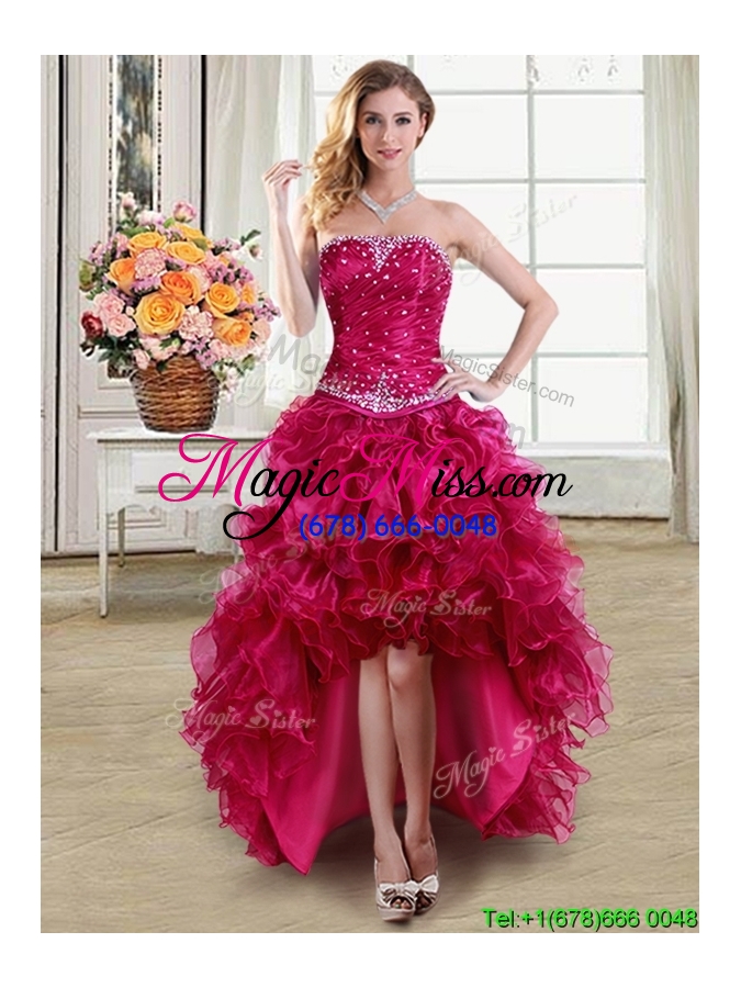 wholesale romantic ruffled and beaded strapless fuchsia detachable quinceanera gowns in organza