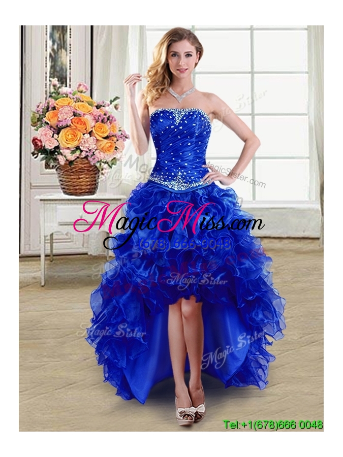 wholesale elegant organza strapless ruffled and beaded detachable quinceanera dresses in royal blue