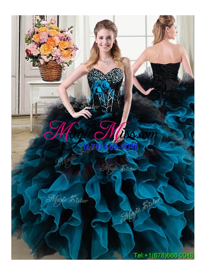 wholesale gorgeous beaded and ruffled two tone removable quinceanera gowns with handcrafted flowers