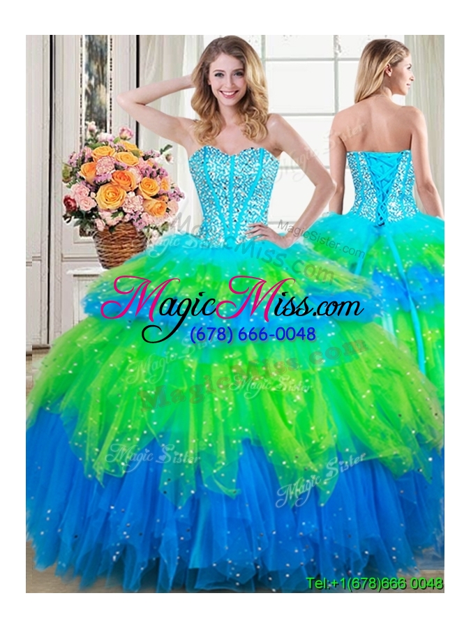 wholesale hot sale visible boning rainbow colored detachable quinceanera dresses with beading and ruffled layers