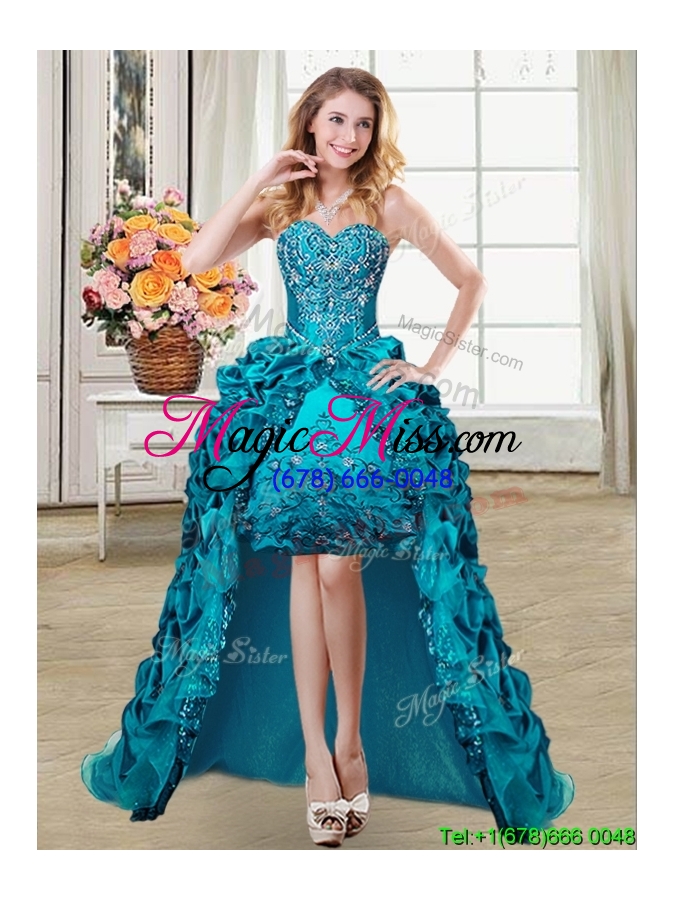 wholesale latest beaded bodice and embroideried teal removable quinceanera gowns with bubbles