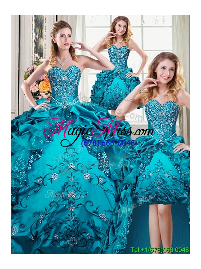 wholesale latest beaded bodice and embroideried teal removable quinceanera gowns with bubbles