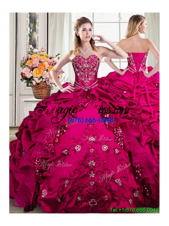 wholesale beautiful taffeta embroideried and bubble sweetheart detachable quinceanera dresses in fuchsia
