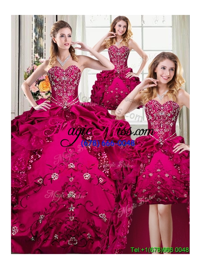 wholesale beautiful taffeta embroideried and bubble sweetheart detachable quinceanera dresses in fuchsia