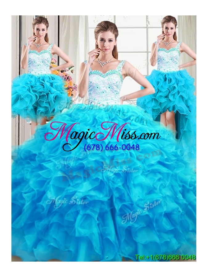 wholesale cheap ball gown straps ruffled laced bodice detachable quinceanera gowns in baby blue