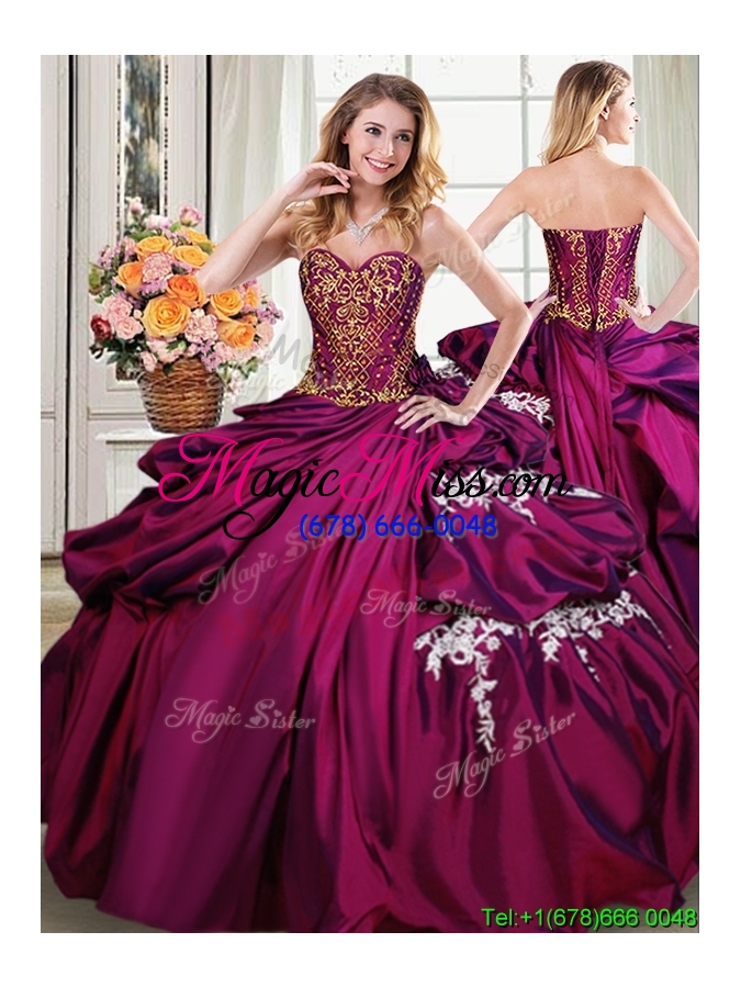 wholesale fashionable bubble applique and beaded bodice taffeta removable quinceanera dresses in burgundy