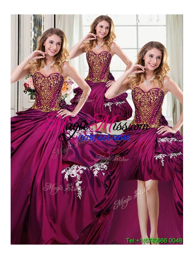 wholesale fashionable bubble applique and beaded bodice taffeta removable quinceanera dresses in burgundy