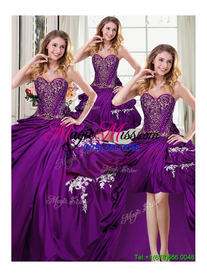 wholesale romantic bubble and applique purple detachable quinceanera dresses with beaded bodice