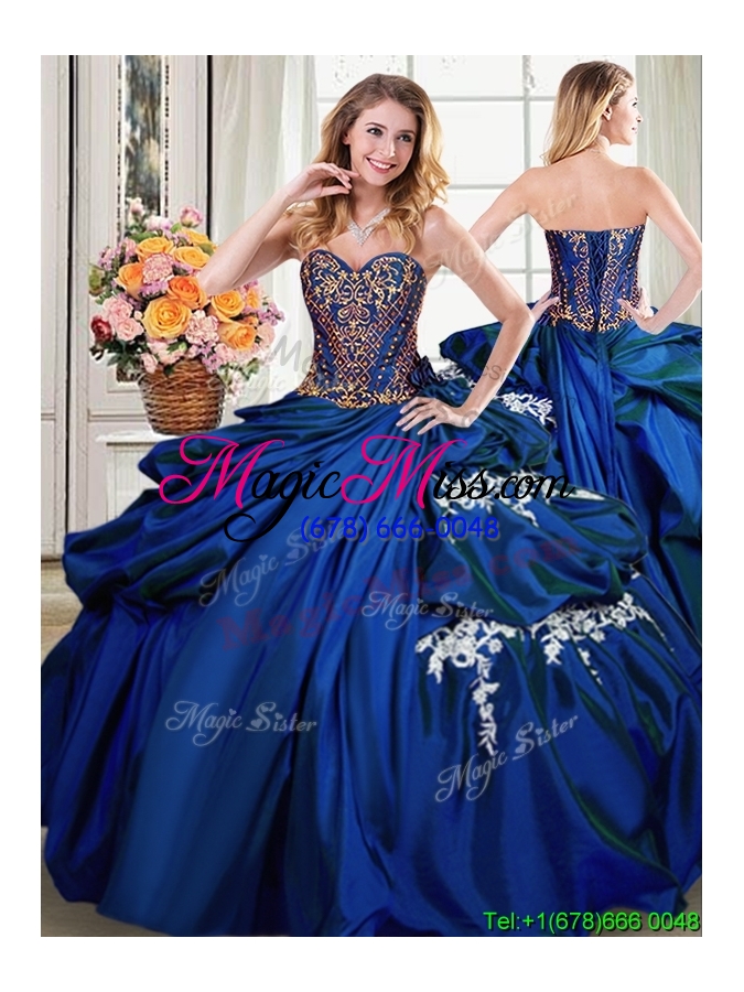wholesale elegant beaded and bubble applique detachable quinceanera gowns in royal blue