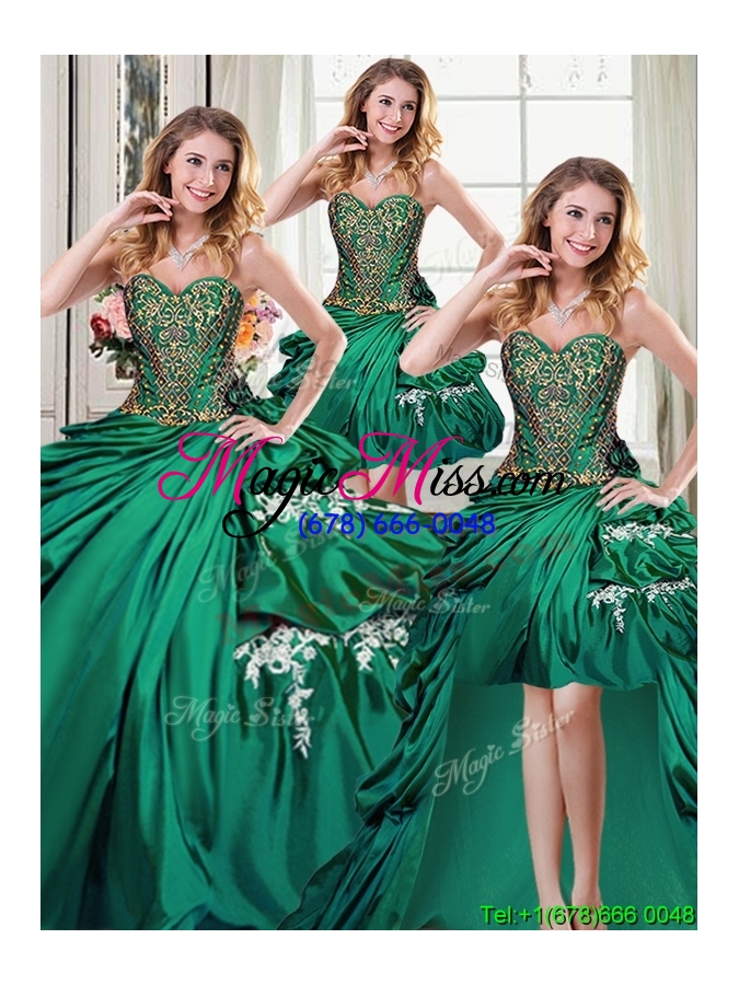 wholesale classical applique dark green removable quinceanera dresses with beading and pick ups